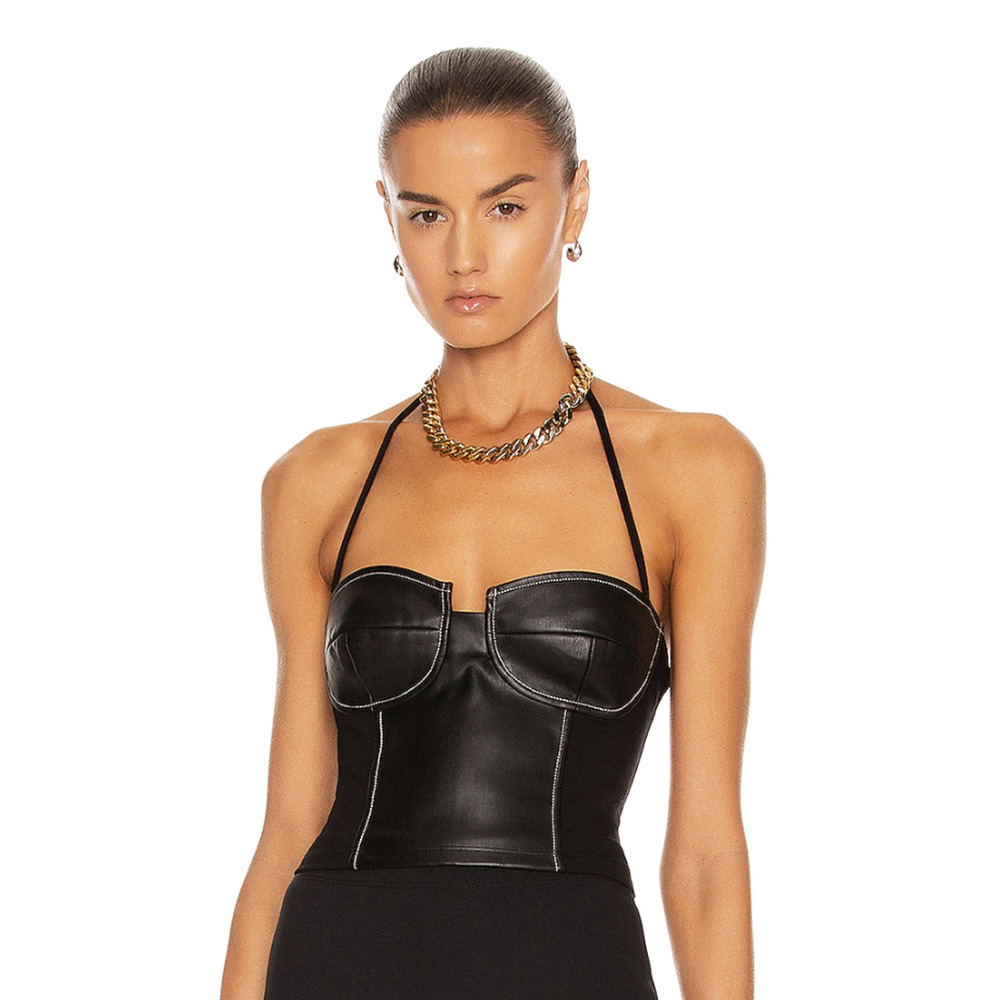 Staud Glen Top Black Faux Leather‎ Fabric Corset Crop Halter Sz M Bustier